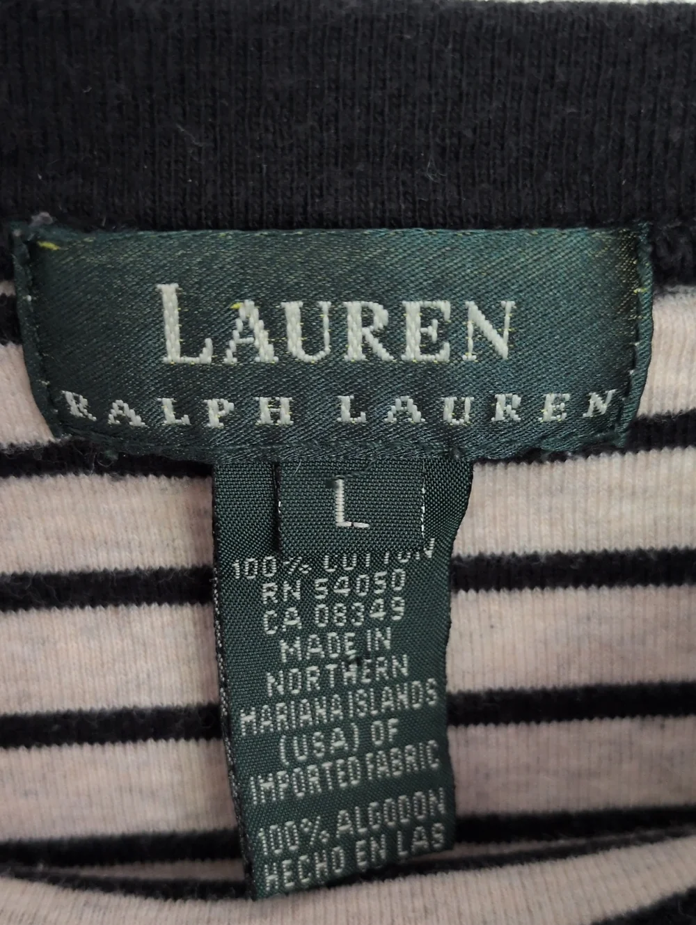 Lauren Ralph Lauren Oatmeal & Black Striped 3/4 Sleeve Boat Neck Top - L